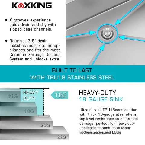 Infographic highlighting features of the 33x22 Drop In Kitchen Sink With 18 Gauge T304 Stainless Steel Top Mount Single Bowl 9 Inch Deep Basin.