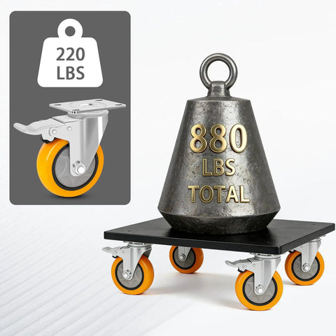 Top Shelf 4 Inch Caster Wheels With Brakes Set Of Four Heavy Duty Plate Casters on cart with 880 lbs total weight.