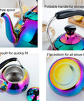Induction Compatible Stovetop Tea Kettle Stainless Steel Whistling Tea Kettle Rainbow Iridescent Mirror Finish 2 Quart For Gas Stove Top Fast Boiling Water Modern Colorful Teakettle with foldable handle, drip-free spout, big mouth for filling, flat bottom for all stove types.