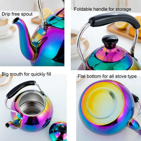 Induction Compatible Stovetop Tea Kettle Stainless Steel Whistling Tea Kettle Rainbow Iridescent Mirror Finish 2 Quart For Gas Stove Top Fast Boiling Water Modern Colorful Teakettle with foldable handle, drip-free spout, big mouth for filling, flat bottom for all stove types.
