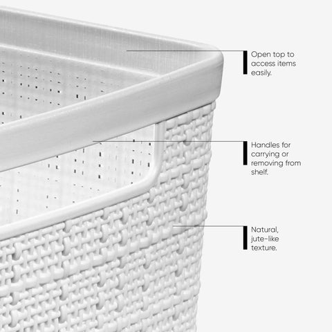Close-up of white resin basket with jute-like texture, open top, and handles, Set Of 4 Large Cube Storage Baskets With 17L Capacity