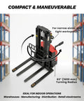 Fully Electric Pallet Stacker For Indoor Use Only, 3300 Lb Capacity, 118 Inch Lift Height in warehouse aisle with adjustable straddle legs.