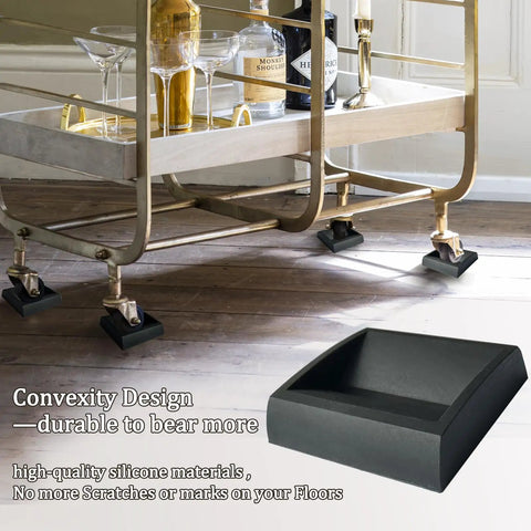 Solid Silicone Furniture Cup Stoppers 8 Pack 2x2 Inch Floor Protectors installed under furniture wheel on hardwood floor.