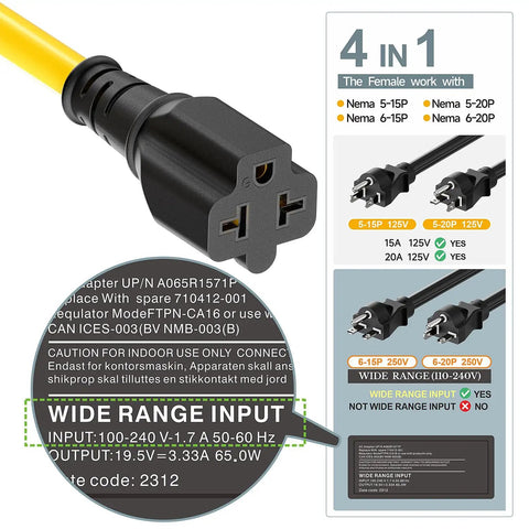 Beefy 12AWG 15A To 20A 125V 250V 4-In-1 AC Power Adapter Cable NEMA 5-15P To 5-15R 5-20R 6-15R 6-20R 1-Foot Heavy-Duty Plug