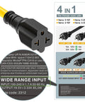 Heavy Duty Three Foot Nema 5 15P To 5 15R 5 20R 6 15R 6 20R AC Adapter Four In One Voltage Converter Cord, yellow, outlet diagram.