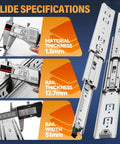 Slide specifications showing material thickness 1.5mm, rail thickness 12.7mm, rail width 51mm, Heavy Duty Locking Drawer Slides With Lock, Full Extension Ball Bearing Rails, Side Mount, Locking Handles, 14 To 40 Inch Length, 150 Lb Load Capacity, Great For Cabinets, RVs, Trucks And Industrial Drawers.