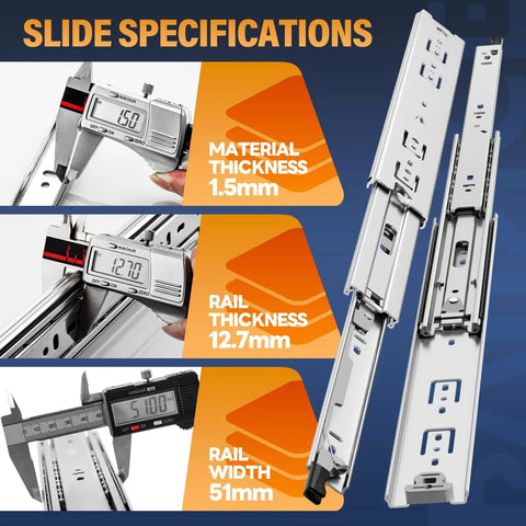 Slide specifications showing material thickness 1.5mm, rail thickness 12.7mm, rail width 51mm, Heavy Duty Locking Drawer Slides With Lock, Full Extension Ball Bearing Rails, Side Mount, Locking Handles, 14 To 40 Inch Length, 150 Lb Load Capacity, Great For Cabinets, RVs, Trucks And Industrial Drawers.