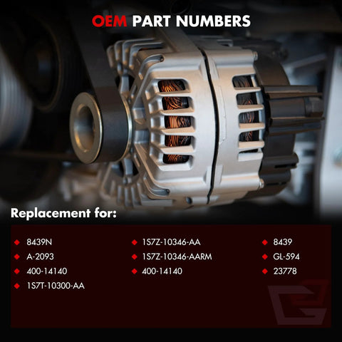Close-up of Ford Focus 2.3L 2004 Alternator 115 Amp 12V Replacement For Sedan And Wagon High Output Generator with part numbers