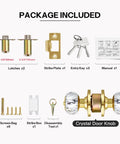 Package contents of Crystal Glass Door Knob Set With Lock And Keys, including latches, strike plates, keys, and manual, gold finish.
