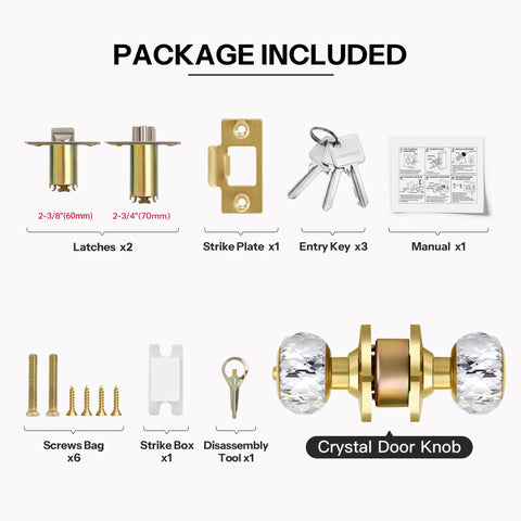 Package contents of Crystal Glass Door Knob Set With Lock And Keys, including latches, strike plates, keys, and manual, gold finish.