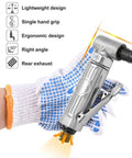 Heavy Duty 90 Degree Pneumatic Air Die Grinder With 0.3 HP Motor And Lightning Fast 20000 Rpm Speed Tough As Nails Tungsten Steel Build held in gloved hand.