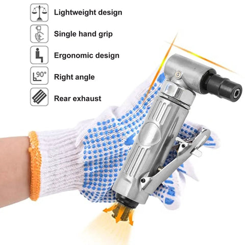 Heavy Duty 90 Degree Pneumatic Air Die Grinder With 0.3 HP Motor And Lightning Fast 20000 Rpm Speed Tough As Nails Tungsten Steel Build held in gloved hand.