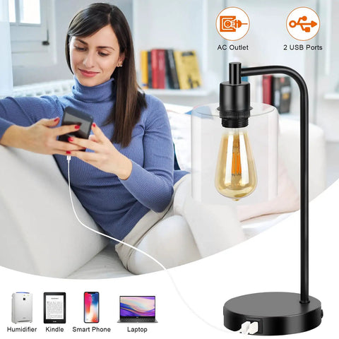 Touch Control Table Lamps Set of 2 With USB Ports And AC Outlet UL Listed 3 Way Dimmable Vintage Glass Shade Bedside Lamps next to woman
