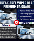 Streak-Free Wiper Blade Premium 5A Grade comparison, showcasing rubber materials and features for clear visibility and silent operation.