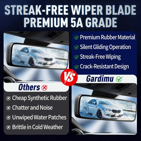 Streak-Free Wiper Blade Premium 5A Grade comparison, showcasing rubber materials and features for clear visibility and silent operation.