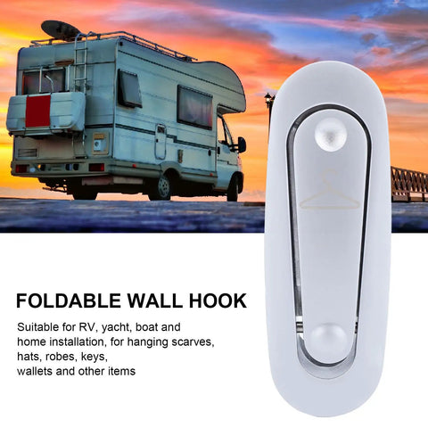 Rock Solid Heavy Duty Folding Coat Hooks Black Aluminum Wall Hangers For Bathrooms And Bedrooms mounted on RV wall.