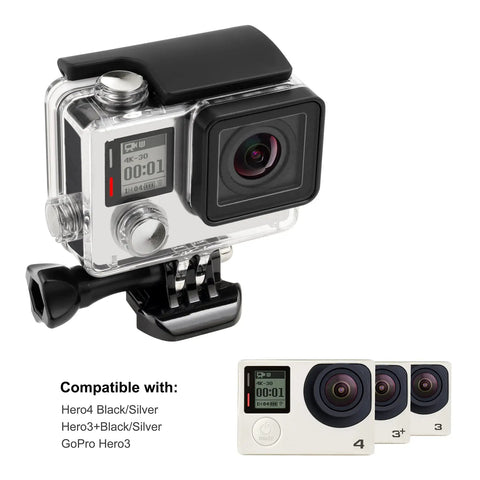 Waterproof GoPro Hero 3 3 Plus 4 Case Underwater Housing 131ft IP68 Rated For Scuba Diving Snorkeling Surfing Rafting Adventure Ready Rugged Protective Case For GoPro Cameras with compatibility displayed.