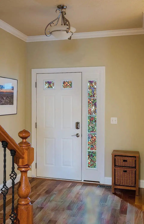 Self-Adhesive Privacy Glass Window Film in Spring Chapel Tulia Pattern installed on door windows in home entryway.