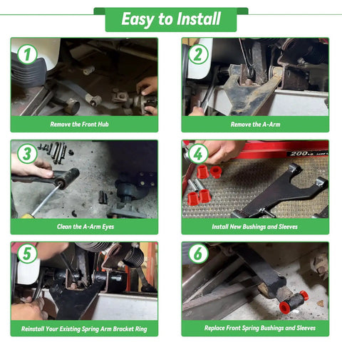 Step-by-step installation guide for Built Tough Golf Cart Front Lower Leaf Spring And Upper A Arm Bushing Sleeves Kit.