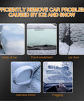 Car covered in ice and snow on body, windshield, door, mirror, and foggy interior