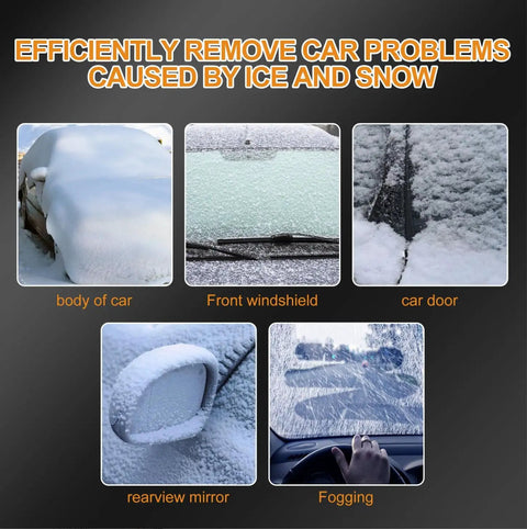 Car covered in ice and snow on body, windshield, door, mirror, and foggy interior