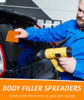 Person using Six Piece Body Filler Spreaders Set For DIY Auto Body Repair, Trapezoid Plastic Applicator Tools For Putty Glaze Caulk