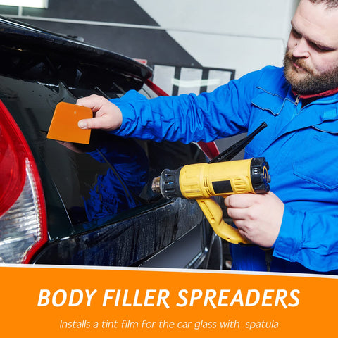 Person using Six Piece Body Filler Spreaders Set For DIY Auto Body Repair, Trapezoid Plastic Applicator Tools For Putty Glaze Caulk