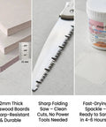 34 Piece Drywall Repair Kit For Large Holes And Cracks That Wont Break The Bank Includes 12x12 Inch Patch Saw Wood Backing Boards Spackle Mesh Tape Pencil And More For Quick Easy DIY Wall Repair showing basswood boards, saw, and spackle.