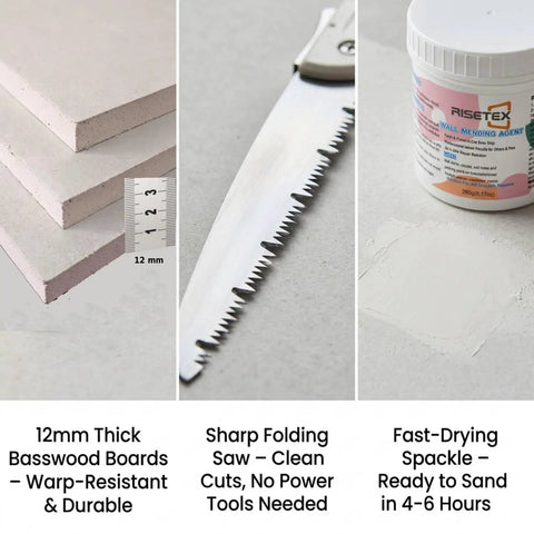 34 Piece Drywall Repair Kit For Large Holes And Cracks That Wont Break The Bank Includes 12x12 Inch Patch Saw Wood Backing Boards Spackle Mesh Tape Pencil And More For Quick Easy DIY Wall Repair showing basswood boards, saw, and spackle.