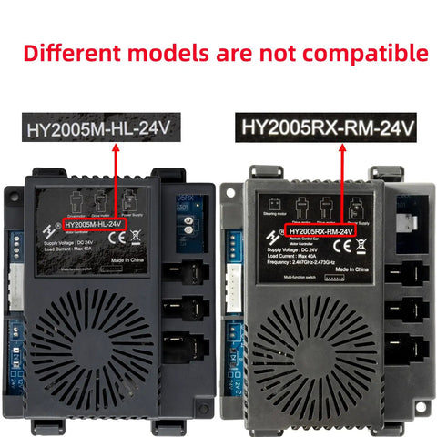 HY2005MHL24V 24 Volt Control Box Receiver For Kids Electric Toy Cars showing model numbers HY2005M-HL-24V and HY2005RX-RM-24V.