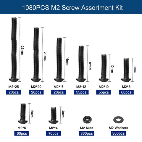 1080 Piece M2 Screw Kit With Eight Lengths M2x4mm to M2x25mm, 10.9 Grade Alloy Steel with nuts, washers and wrenches for DIY.
