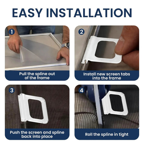 Demonstration of easy installation for 35 Pack Window Screen Pull Tabs In Frosted Clear With Universal Spline Grooves.
