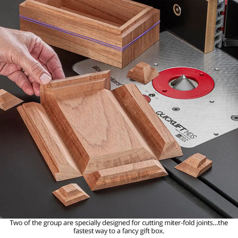 7 Piece 90 Degree V Groove Router Bit Set Featuring Premium Carbide Cutters In Quarter And Half Inch Shanks for creating miter-fold joints on wood.