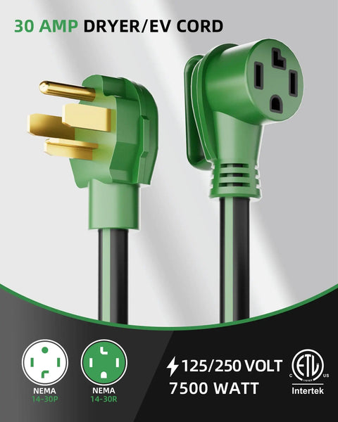 Heavy Duty 30 Amp 4 Prong Dryer And EV Extension Cord 25 Feet NEMA 14-30P To 14-30R 125V And 250V STW 10 AWG ETL Listed