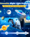 Kids Space Projector Night Light With 360 Degree Rotation And Five Projection Films lighting up boy's bedroom with stars and planets
