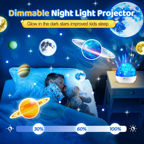 Kids Space Projector Night Light With 360 Degree Rotation And Five Projection Films lighting up boy's bedroom with stars and planets