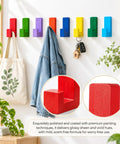 Fresh Rainbow Wooden L Shaped Wall Hooks Eight Pack With Adhesive Pads And Screws Vibrant Multicolor Storage Rack For Kitchen Or Entryway Pretty Sweet Finish Totally Rad Quality in use displaying jackets and keys.