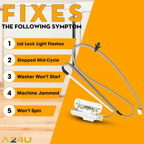Washer Door Lock Latch Switch Replacement for Cabrio and Top Load Washers with cable and list of symptoms it fixes