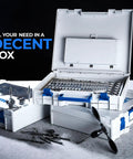 Ratcheting Tap And Die Set With 127 Piece SAE And Metric Kit Drill Bit Assortment with open toolbox showcasing contents.