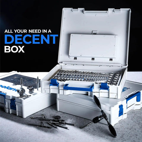 Ratcheting Tap And Die Set With 127 Piece SAE And Metric Kit Drill Bit Assortment with open toolbox showcasing contents.
