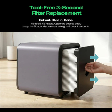 Falcon AP1 Mini Smoke Purifier For Laser Engravers with open filter door showing tool-free replacement