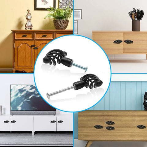 Oval Birdcage Cabinet Knobs Set, 12 Pack Iron Drawer Pulls In Flat Black Finish shown with screws and mounted on various cabinets
