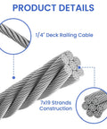 Close-up of Stainless Steel Cable Kit For Backyard Zipline And Deck Railing Quarter Inch 7x19 Aircraft Wire Rope 400 Ft Length 6400 Lbs Breaking Strength Rust Resistant 304 Stainless Heavy Duty Weatherproof showing 1/4 inch deck railing cable and 7x19 strands construction details.