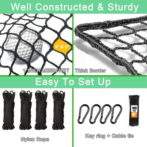 Heavy Duty Golf Batting Cage Net for Backyard Practice With Extra Striking Net Frame Not Included Weather Resistant UV Treated Polyester Netting Built Tough for Hard Hitting Golf Balls and Easy Sports Training mesh close-up and setup accessories.
