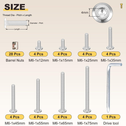 Replacement Barrel Nuts And Flat Head Screws Set for DIY Furniture Assembly M6 61 Pieces in 304 Stainless Steel with wrench details