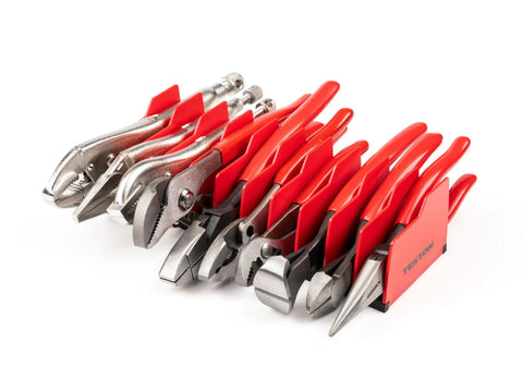 10-piece Gripping Cutting And Locking Pliers Set With Rack for home shop and garage, featuring varied jaws and red grips.