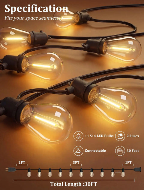 30Ft S14 Patio String Lights With 11 Clear LED Bulbs Plus 1 Spare, Waterproof UL Listed Hanging Lights For Indoor Outdoor Use