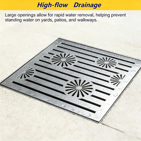 Heavy Duty 304 Stainless Steel Square Drain Grate Built Tough For Outdoor Yard And Driveway Catch Basins Rust Free With Beefy Reinforced Bars For Quick Water Flow Road Ready 24By24 Inch Cover, featuring large openings for efficient drainage.