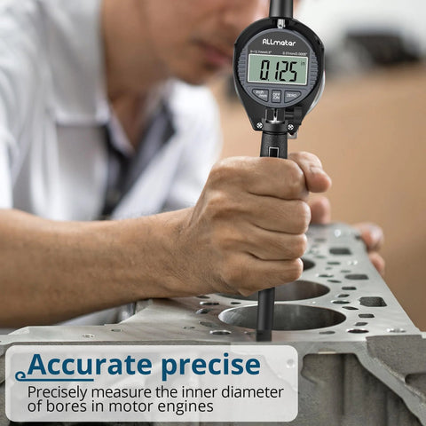 ALLmeter dial bore gauge with digital readout for engine cylinder bore; black handle, close-up view in block.
