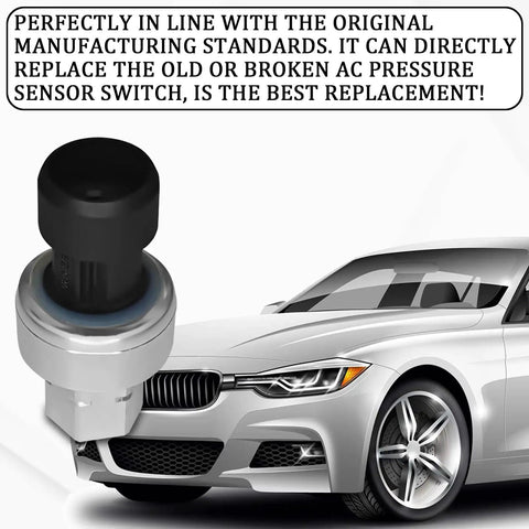 AC Pressure Switch Sensor OEM Replacement Cross Reference 1551343 13587668 For Buick Cadillac Pontiac Saturn Chevrolet GMC shown next to a car